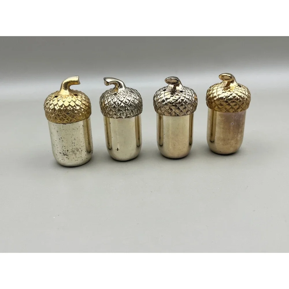 Vtg Acorn Salt Pepper Shakers Set of 4 Japan Silver Gold Tone with Box As Is